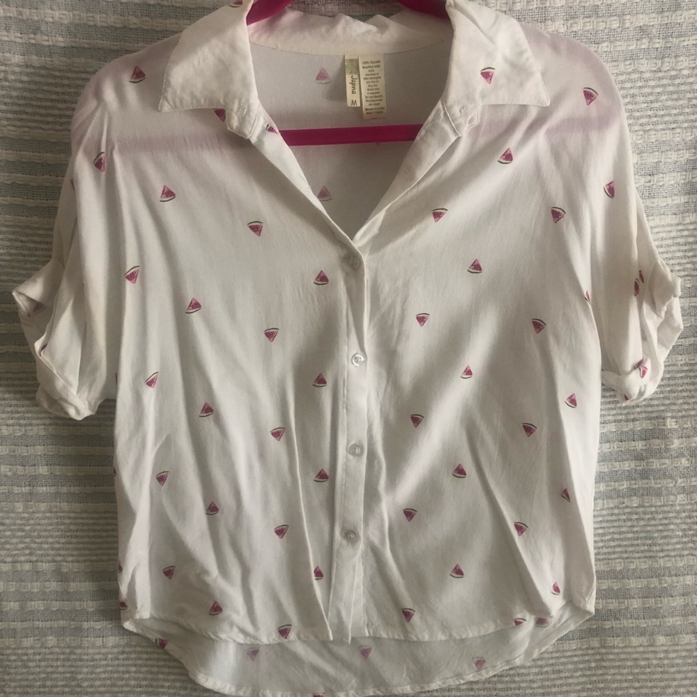 White short sleeve button up with watermelon print